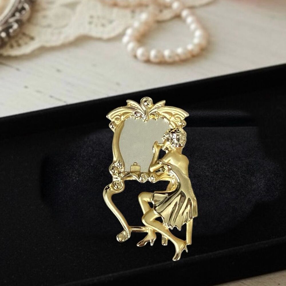 Gold Tone Art Nouveau Fashion Glam Pin Brooch Real Mirror